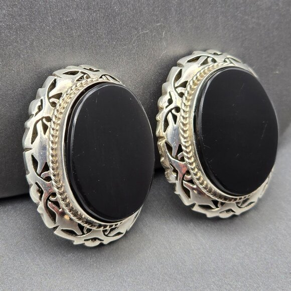 VTG Taxco Sterling Silver & Black Onyx Filigree Clip-On Earrings 1.25" TS-14 - Picture 5 of 12